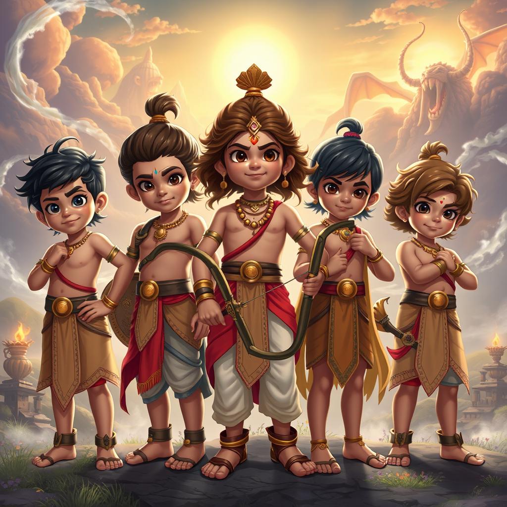 The youthful Pandava brothers, portrayed as five epic heroes with a sense of youthful vigor and innocence, against a majestic and mystical backdrop