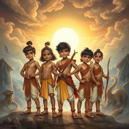 The youthful Pandava brothers, portrayed as five epic heroes with a sense of youthful vigor and innocence, against a majestic and mystical backdrop