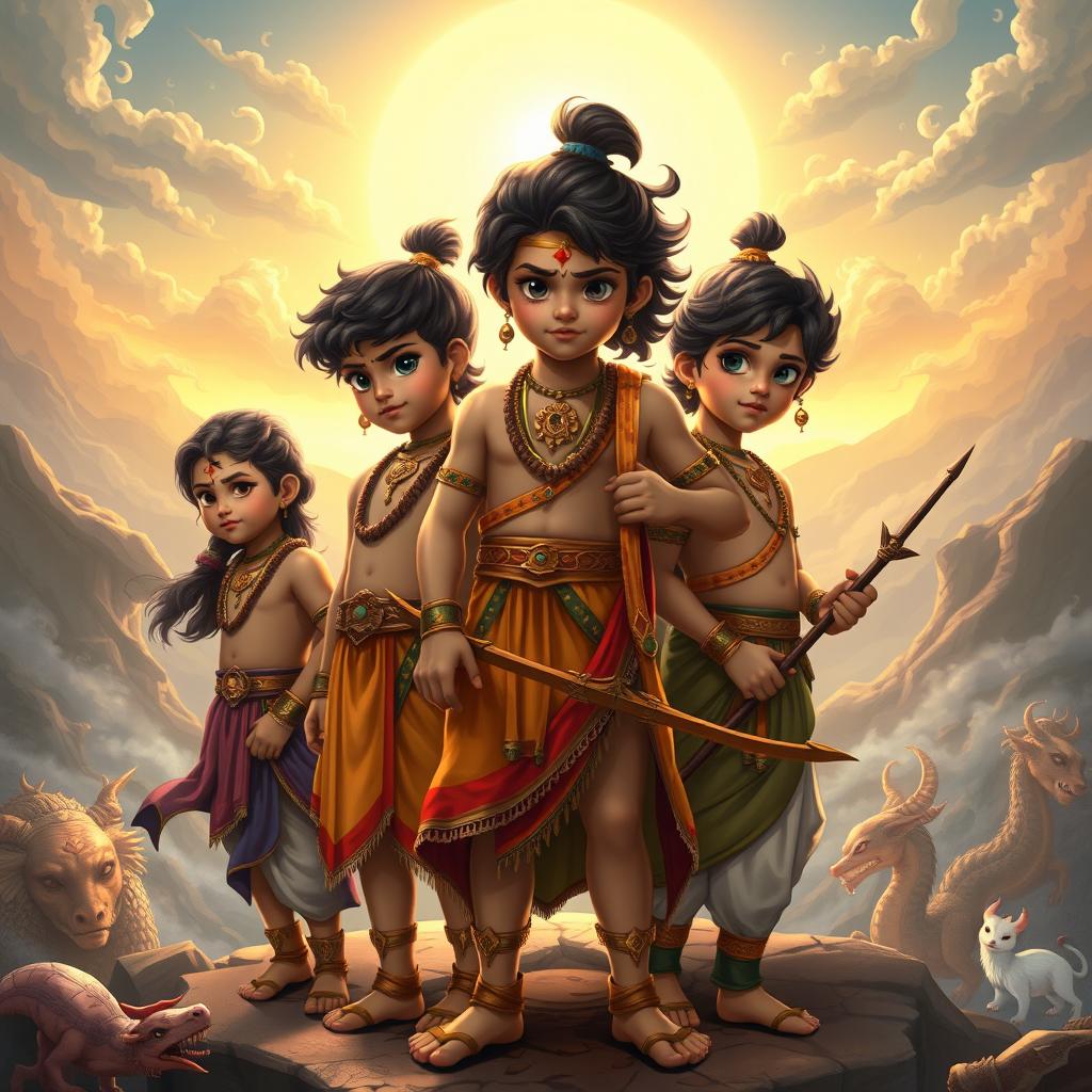 The youthful Pandava brothers, portrayed as five epic heroes with a sense of youthful vigor and innocence, against a majestic and mystical backdrop