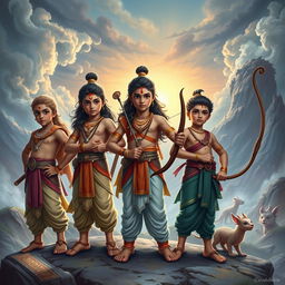 The youthful Pandava brothers, portrayed as five epic heroes with a sense of youthful vigor and innocence, against a majestic and mystical backdrop