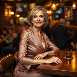 A middle-aged woman with an air of elegance, dressed in refined, luxurious clothing, sits alone at a wooden table in a bustling tavern