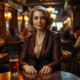 A middle-aged woman with an air of elegance, dressed in refined, luxurious clothing, sits alone at a wooden table in a bustling tavern