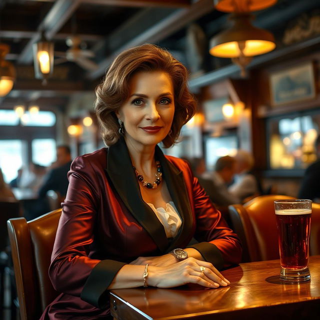 A middle-aged woman with an air of elegance, dressed in refined, luxurious clothing, sits alone at a wooden table in a bustling tavern