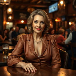 A middle-aged woman with an air of elegance, dressed in refined, luxurious clothing, sits alone at a wooden table in a bustling tavern