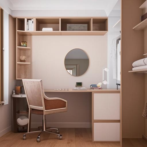 A 13ft x 8ft cozy bedroom with a neatly arranged study table, an elegant vanity, and a comfortable reading space in a harmonious layout optimized for compact spaces.