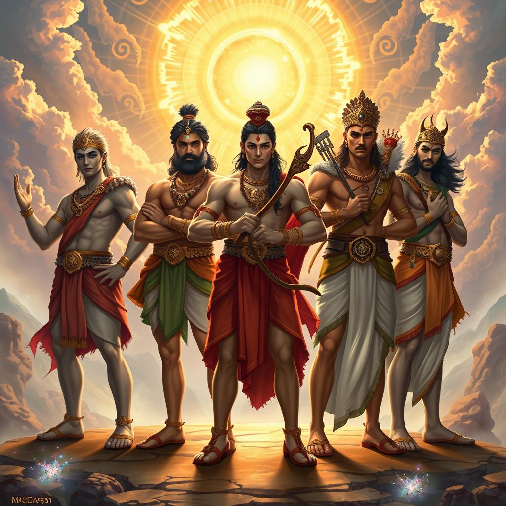 The Pandava brothers, depicted as five epic heroes around the age of 20, stand boldly against a majestic and mystical background