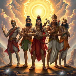 The Pandava brothers, depicted as five epic heroes around the age of 20, stand boldly against a majestic and mystical background