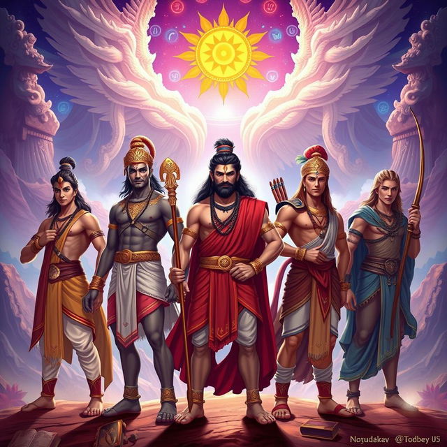 The Pandava brothers, depicted as five epic heroes around the age of 20, stand boldly against a majestic and mystical background