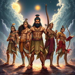 The Pandava brothers, depicted as five epic heroes around the age of 20, stand boldly against a majestic and mystical background