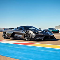 A fusion of a Corvette C8 and Aston Martin Valkyrie hybrid design, featuring sleek and aerodynamic lines, positioned on a racetrack