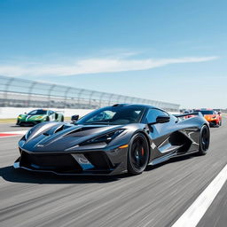 A fusion of a Corvette C8 and Aston Martin Valkyrie hybrid design, featuring sleek and aerodynamic lines, positioned on a racetrack