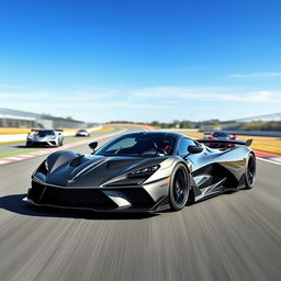 A fusion of a Corvette C8 and Aston Martin Valkyrie hybrid design, featuring sleek and aerodynamic lines, positioned on a racetrack