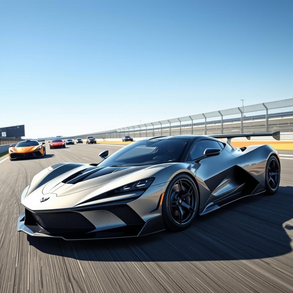 A fusion of a Corvette C8 and Aston Martin Valkyrie hybrid design, featuring sleek and aerodynamic lines, positioned on a racetrack