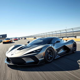 A fusion of a Corvette C8 and Aston Martin Valkyrie hybrid design, featuring sleek and aerodynamic lines, positioned on a racetrack