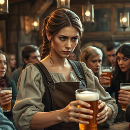 A female medieval barkeeper, wearing a simple yet practical apron, serving pints of beer to lively patrons