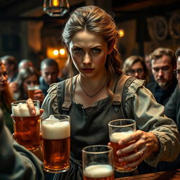 A female medieval barkeeper, wearing a simple yet practical apron, serving pints of beer to lively patrons