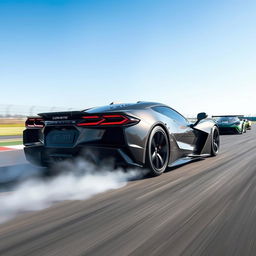 A fusion of a Corvette C8 and Aston Martin Valkyrie hybrid design, featuring sleek and aerodynamic lines, positioned on a racetrack with a slight smoke trail emerging from the rear wheels to indicate acceleration