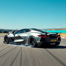 A fusion of a Corvette C8 and Aston Martin Valkyrie hybrid design, featuring sleek and aerodynamic lines, positioned on a racetrack with a slight smoke trail emerging from the rear wheels to indicate acceleration