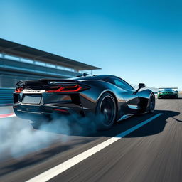 A fusion of a Corvette C8 and Aston Martin Valkyrie hybrid design, featuring sleek and aerodynamic lines, positioned on a racetrack with a slight smoke trail emerging from the rear wheels to indicate acceleration