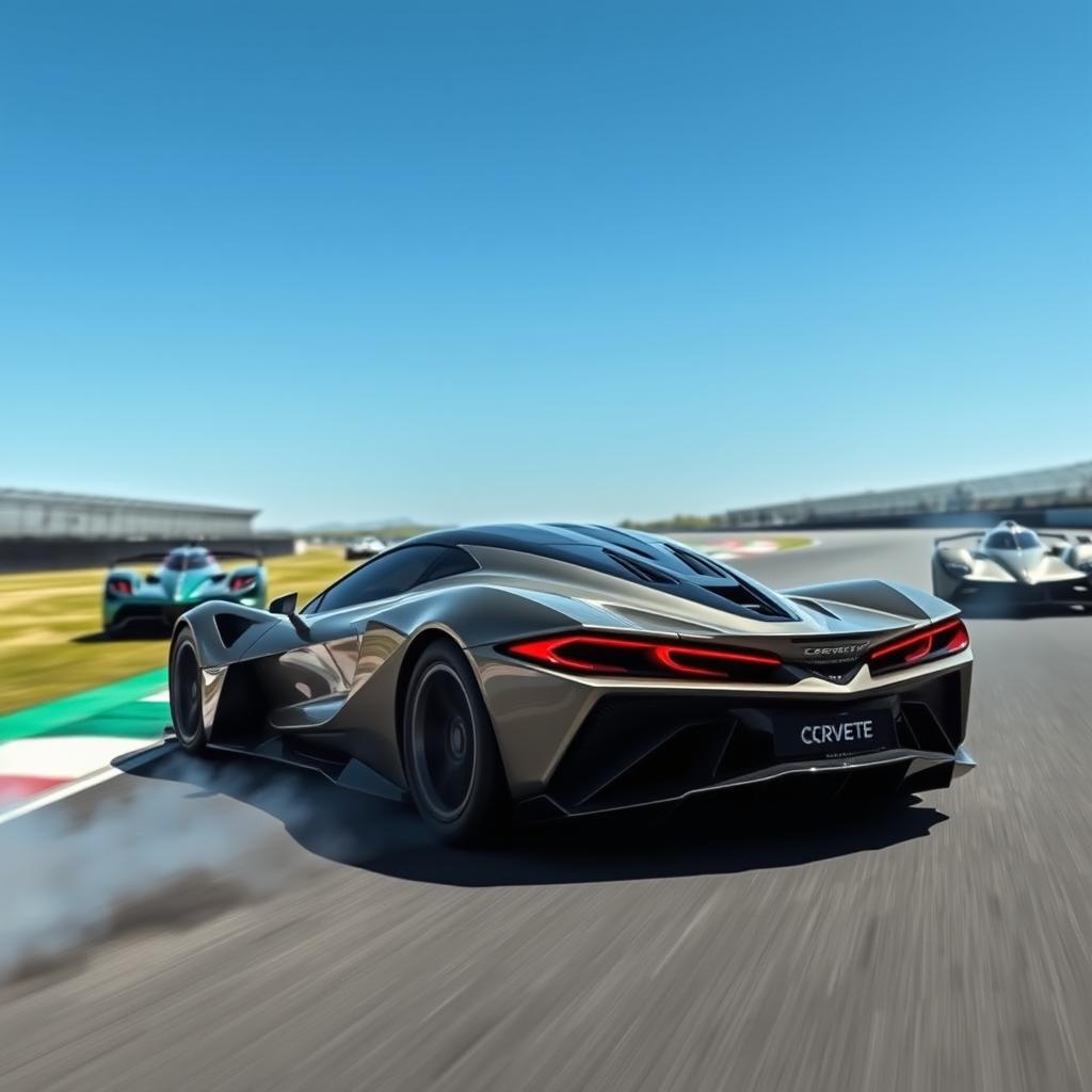 A fusion of a Corvette C8 and Aston Martin Valkyrie hybrid design, featuring sleek and aerodynamic lines, positioned on a racetrack with a slight smoke trail emerging from the rear wheels to indicate acceleration