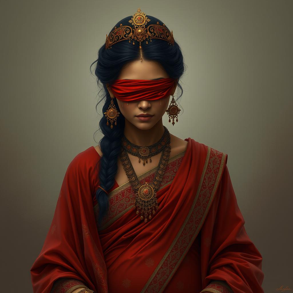 Queen Gandari in a deeply emotional and poignant moment, depicted with tears flowing down her cheeks while delicately wearing a piece of red cloth to cover her eyes