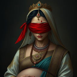 Queen Gandari in a deeply emotional and poignant moment, depicted with tears flowing down her cheeks while delicately wearing a piece of red cloth to cover her eyes