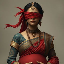 Queen Gandari in a deeply emotional and poignant moment, depicted with tears flowing down her cheeks while delicately wearing a piece of red cloth to cover her eyes