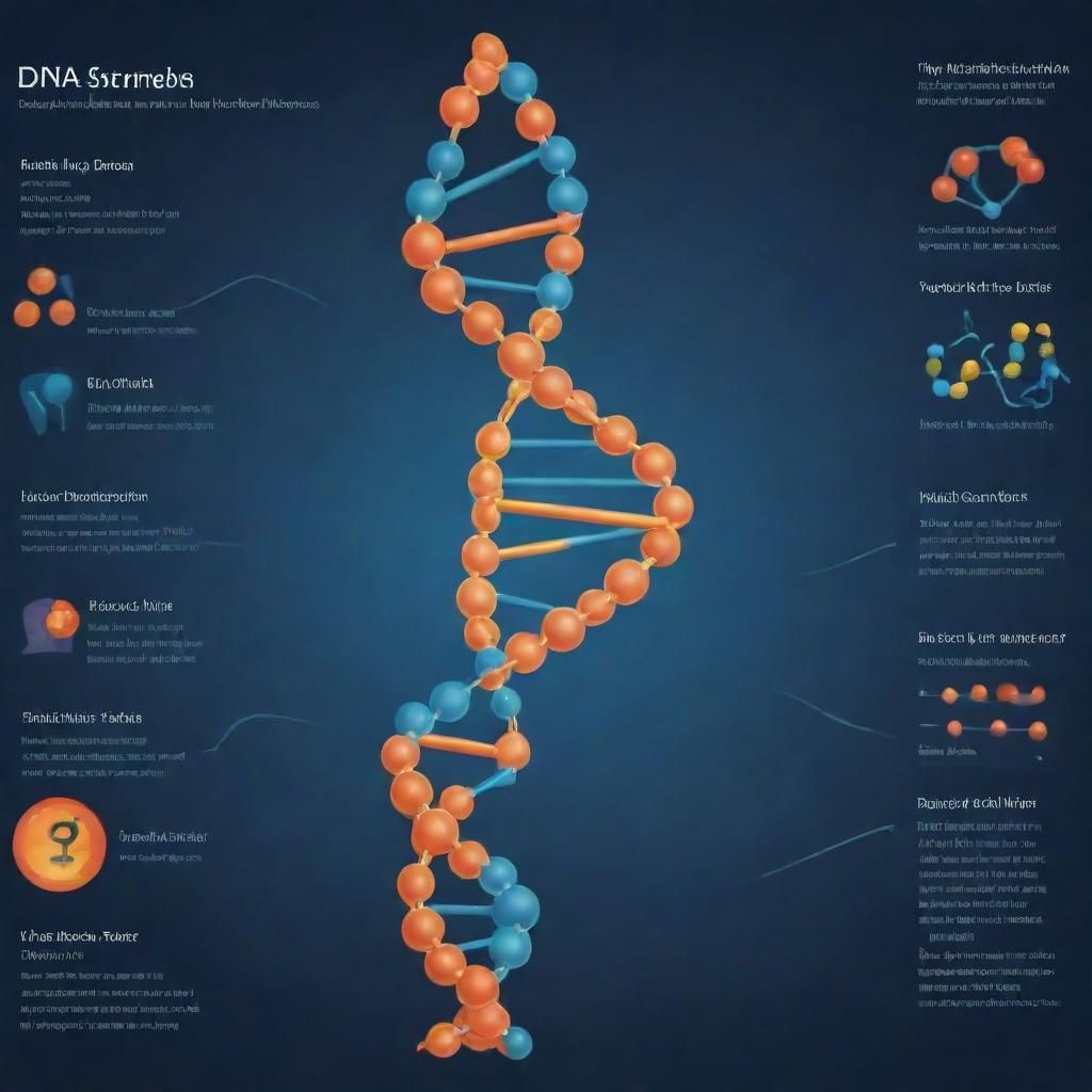 Illustrate a detailed infographic of the DNA structure, its location within a cell's nucleus, and a visual explanation of its key functions such as replication, mutation, protein synthesis, and gene expression.