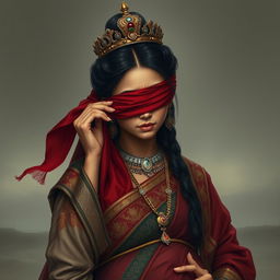 Queen Gandari in a deeply emotional and poignant moment, depicted with tears flowing down her cheeks while delicately wearing a piece of red cloth to cover her eyes