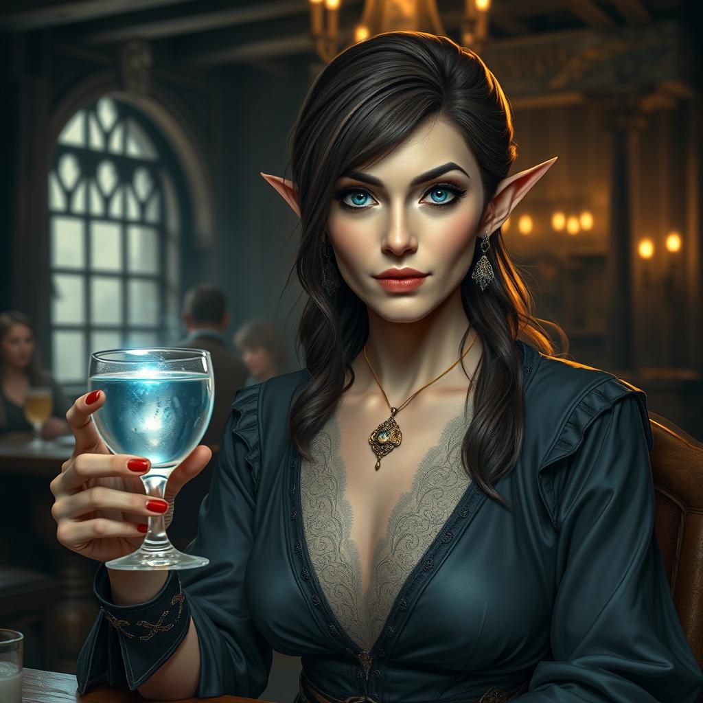 A middle-aged half-elf with sharp, captivating features, dressed in elegant, finely crafted garments, seated in a medieval tavern