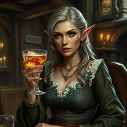 A middle-aged half-elf with sharp, captivating features, dressed in elegant, finely crafted garments, seated in a medieval tavern