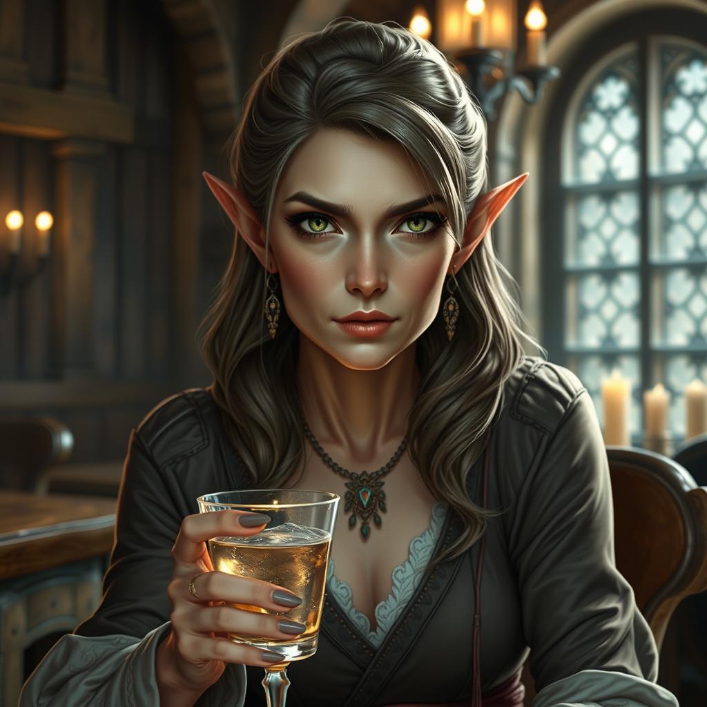 A middle-aged half-elf with sharp, captivating features, dressed in elegant, finely crafted garments, seated in a medieval tavern