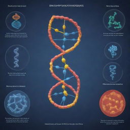 Illustrate a detailed infographic of the DNA structure, its location within a cell's nucleus, and a visual explanation of its key functions such as replication, mutation, protein synthesis, and gene expression.