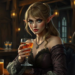 A middle-aged half-elf with sharp, captivating features, dressed in elegant, finely crafted garments, seated in a medieval tavern