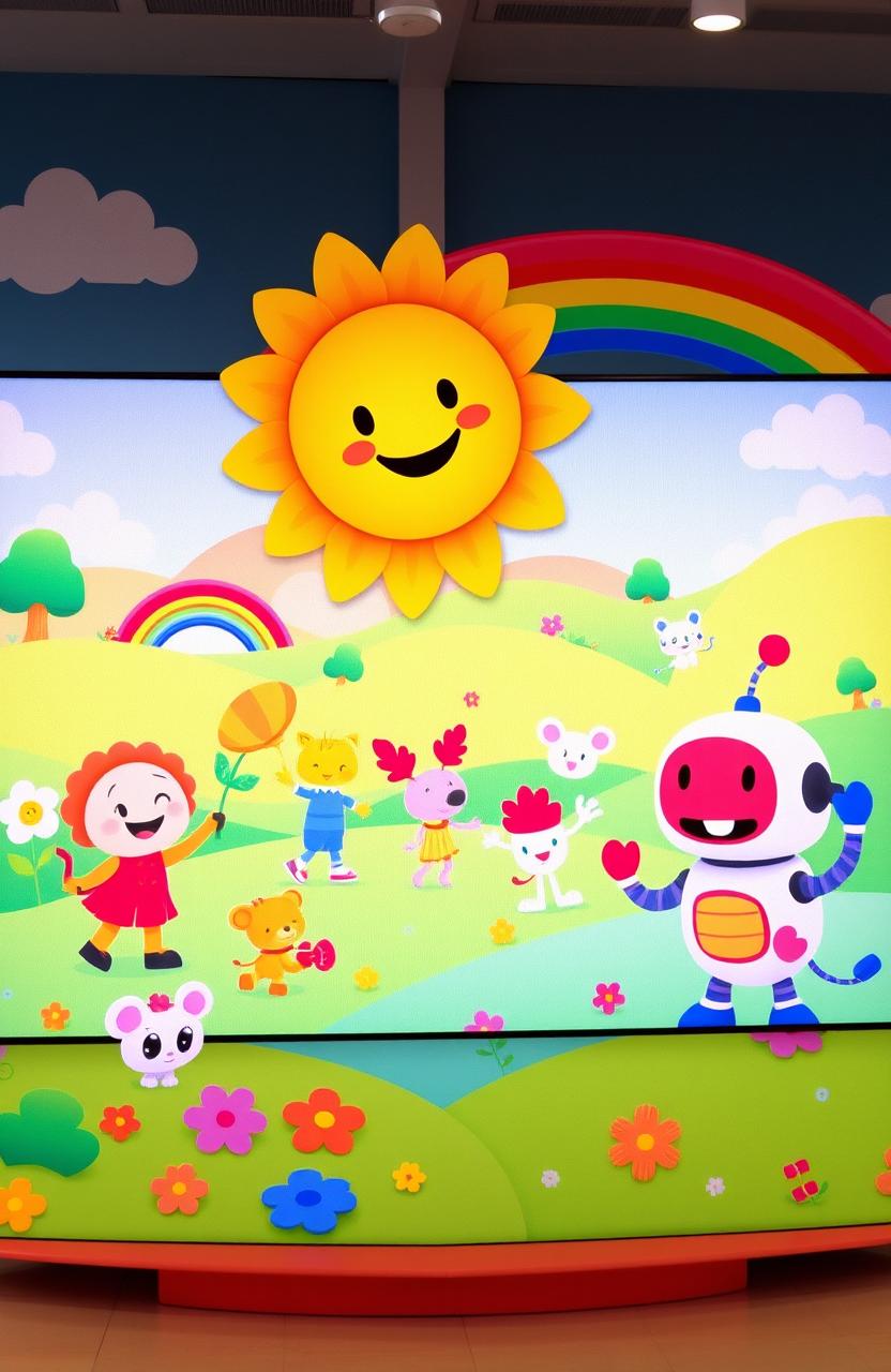 A vibrant and cheerful children's television set featuring colorful animated characters engaging in fun educational activities