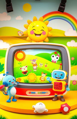 A vibrant and cheerful children's television set featuring colorful animated characters engaging in fun educational activities