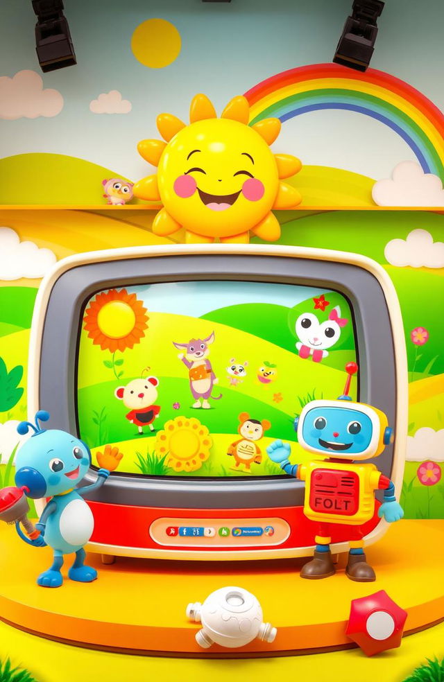 A vibrant and cheerful children's television set featuring colorful animated characters engaging in fun educational activities