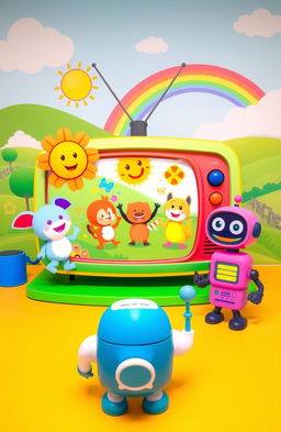 A vibrant and cheerful children's television set featuring colorful animated characters engaging in fun educational activities