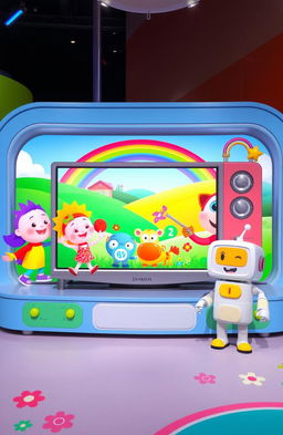 A vibrant and cheerful children's television set featuring colorful animated characters engaging in fun educational activities