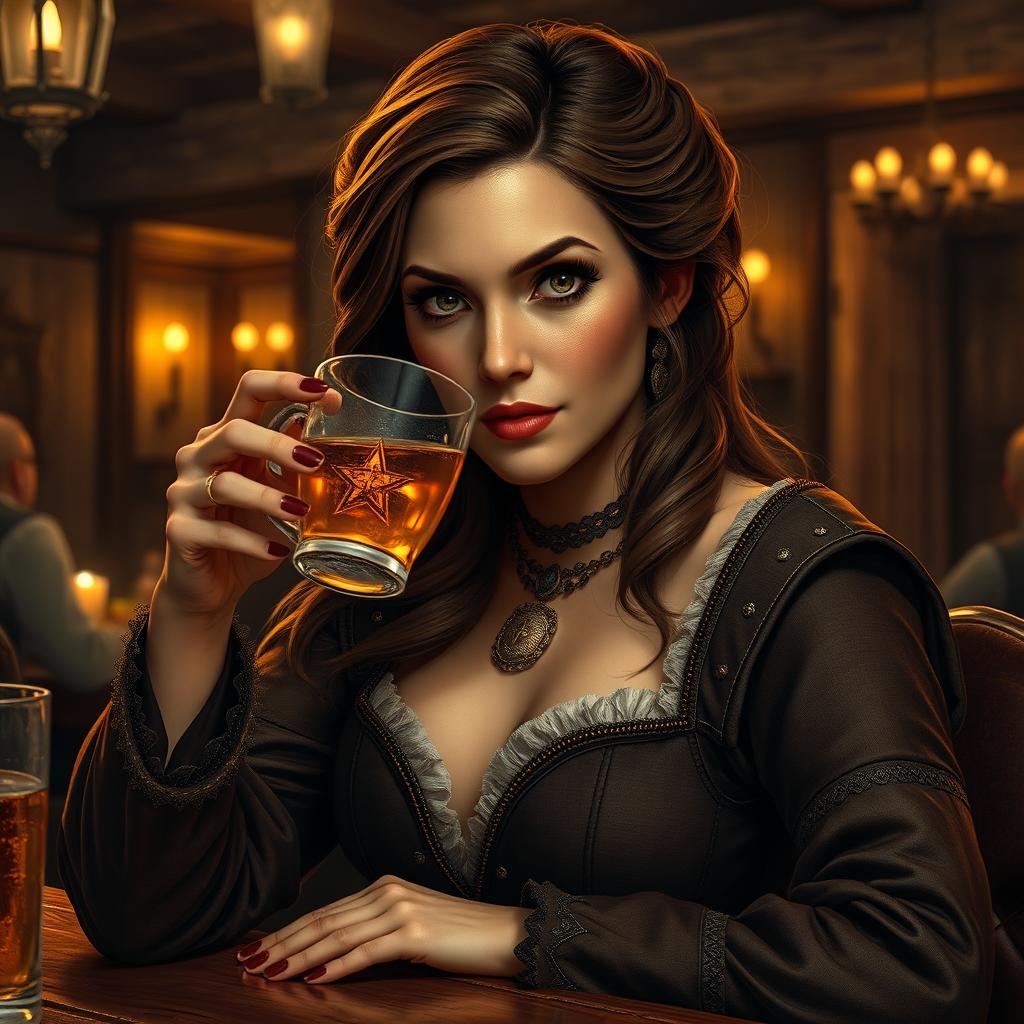 A middle-aged female human with alluring features, elegantly dressed in luxurious medieval attire, sipping a mysterious, glimmering drink in a cozy tavern