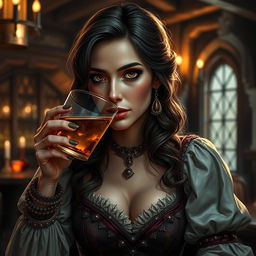 A middle-aged female human with alluring features, elegantly dressed in luxurious medieval attire, sipping a mysterious, glimmering drink in a cozy tavern