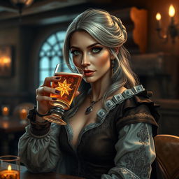 A middle-aged female human with alluring features, elegantly dressed in luxurious medieval attire, sipping a mysterious, glimmering drink in a cozy tavern