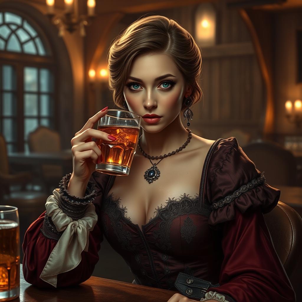 A middle-aged female human with alluring features, elegantly dressed in luxurious medieval attire, sipping a mysterious, glimmering drink in a cozy tavern