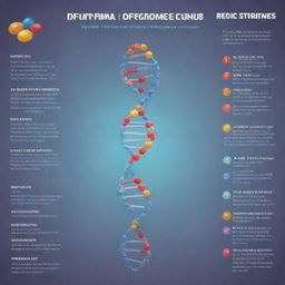 Illustrate a detailed infographic of the DNA structure, its location within a cell's nucleus, and a visual explanation of its key functions such as replication, mutation, protein synthesis, and gene expression.