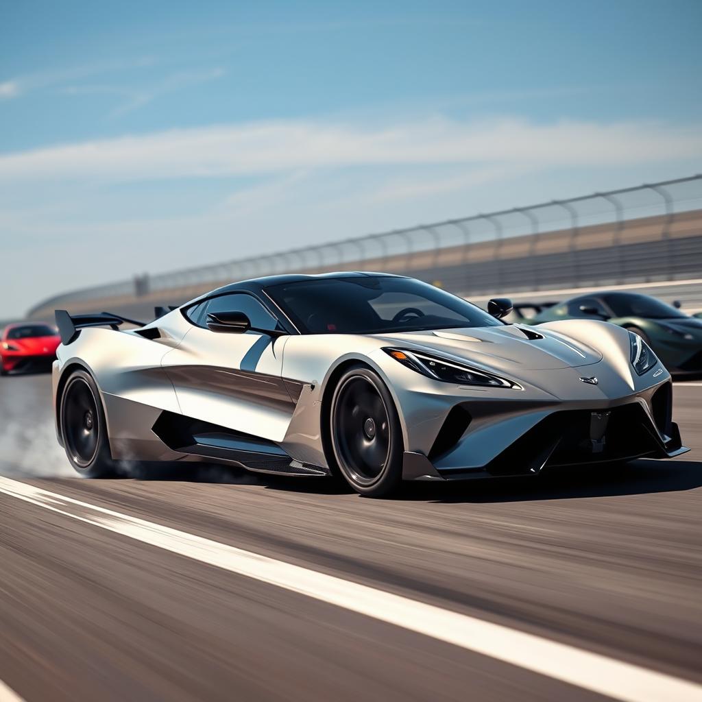 A fusion of a Corvette C8 and Aston Martin Valkyrie hybrid design, featuring sleek and aerodynamic lines, positioned on a racetrack with slightly smoking wheels indicating high speed and power