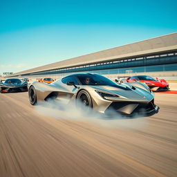 A fusion of a Corvette C8 and Aston Martin Valkyrie hybrid design, featuring sleek and aerodynamic lines, positioned on a racetrack with slightly smoking wheels indicating high speed and power