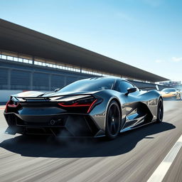 A fusion of a Corvette C8 and Aston Martin Valkyrie hybrid design, featuring sleek and aerodynamic lines, positioned on a racetrack with slightly smoking wheels indicating high speed and power