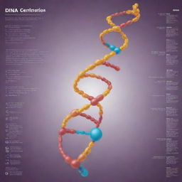 Illustrate a detailed infographic of the DNA structure, its location within a cell's nucleus, and a visual explanation of its key functions such as replication, mutation, protein synthesis, and gene expression.