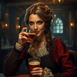 A fifty-year-old female human, exuding timeless allure, elegantly dressed in luxurious medieval attire, seated in a dimly lit tavern