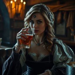 A fifty-year-old female human, exuding timeless allure, elegantly dressed in luxurious medieval attire, seated in a dimly lit tavern